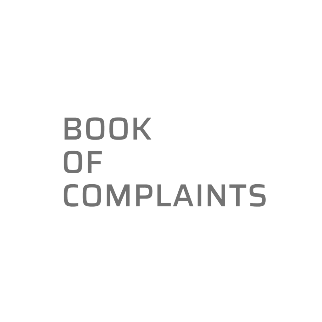 Title image for the Book of Complaints contact page of the soonset art studio store with white background and gray letters Saira style