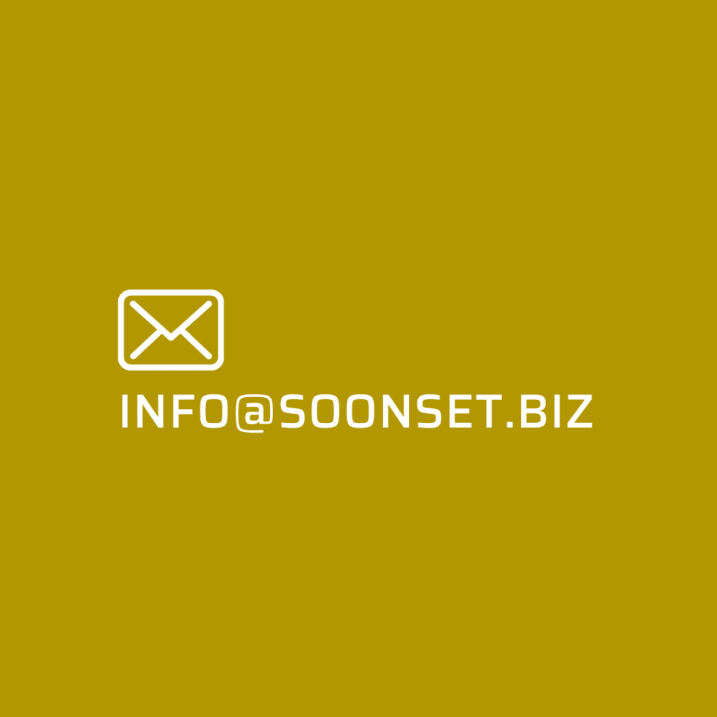 Image with an envelope icon and e-mail address for soonset art studio with gold background and white letters Saira style